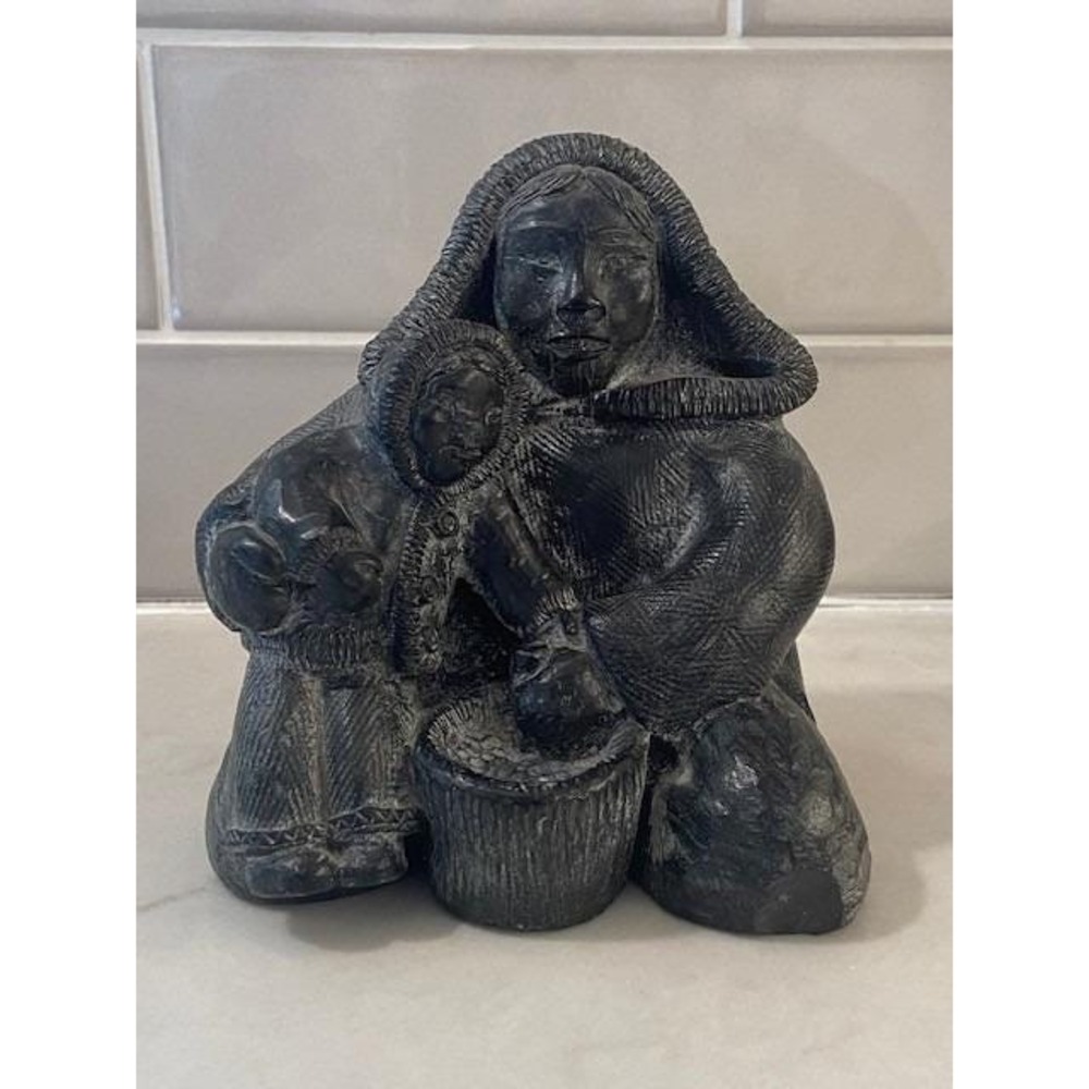 A Wolf Original Soapstone Sculpture Inuit Mother and Child Hand Made Canada